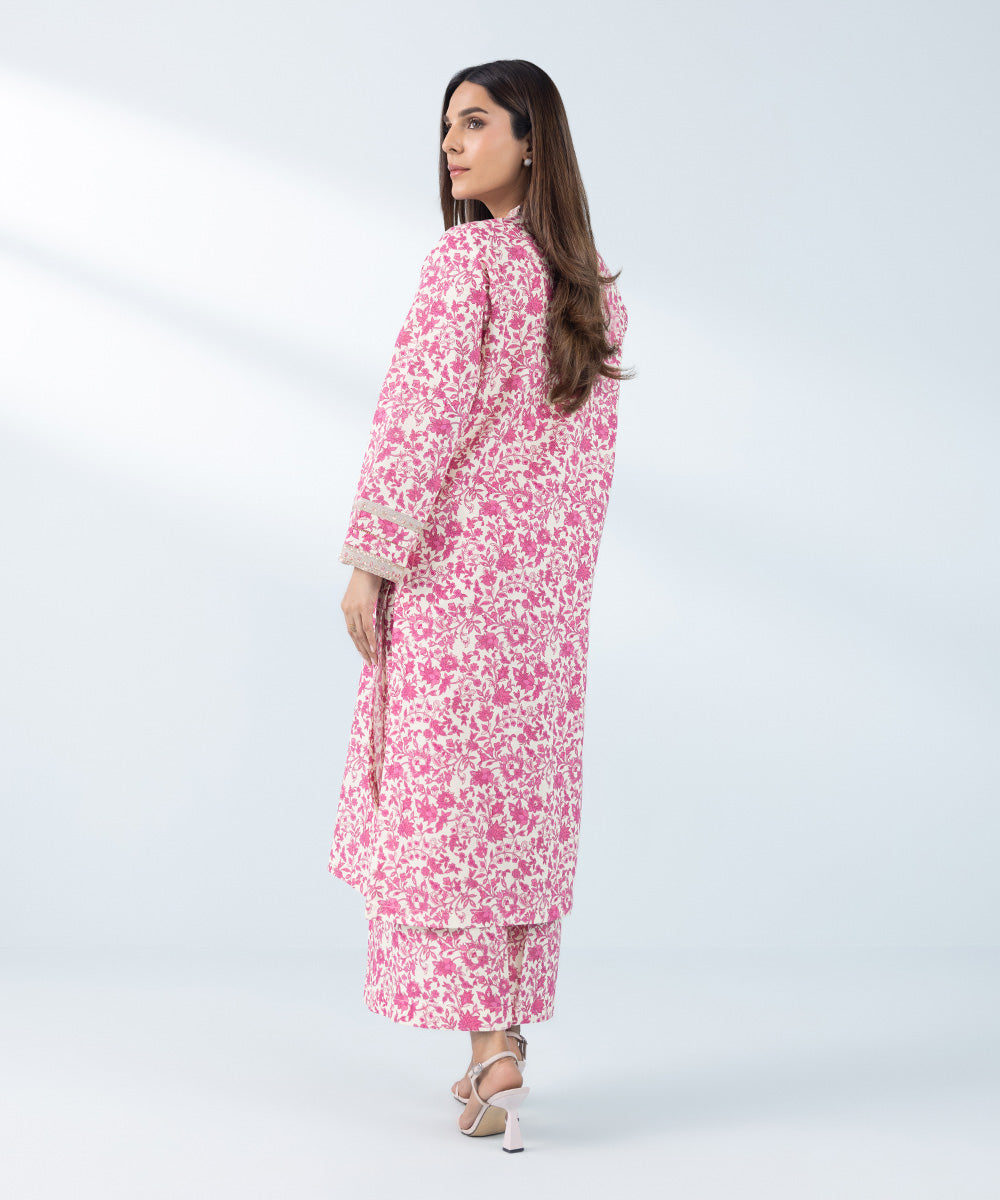 Women's Off-White & Pink 2 Piece Embroidered Khaddar Suit