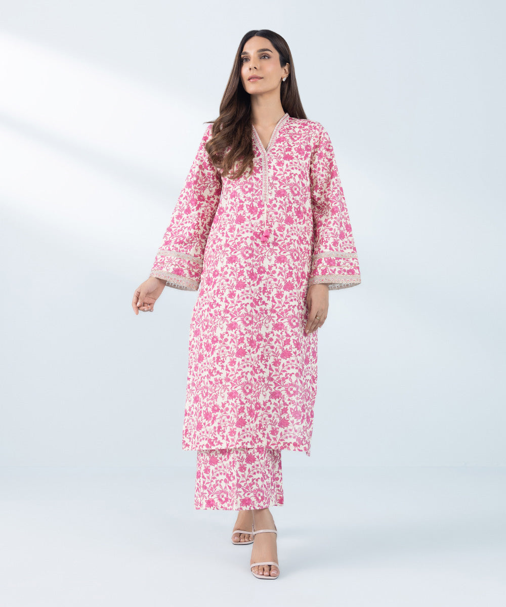 Women's Off-White & Pink 2 Piece Embroidered Khaddar Suit