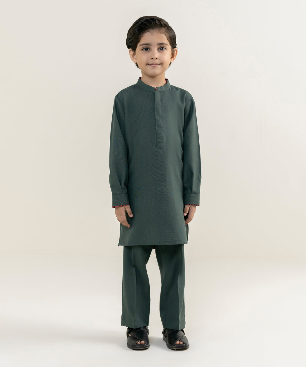 Boy's Viscose Embroidered Green Kurta Trousers