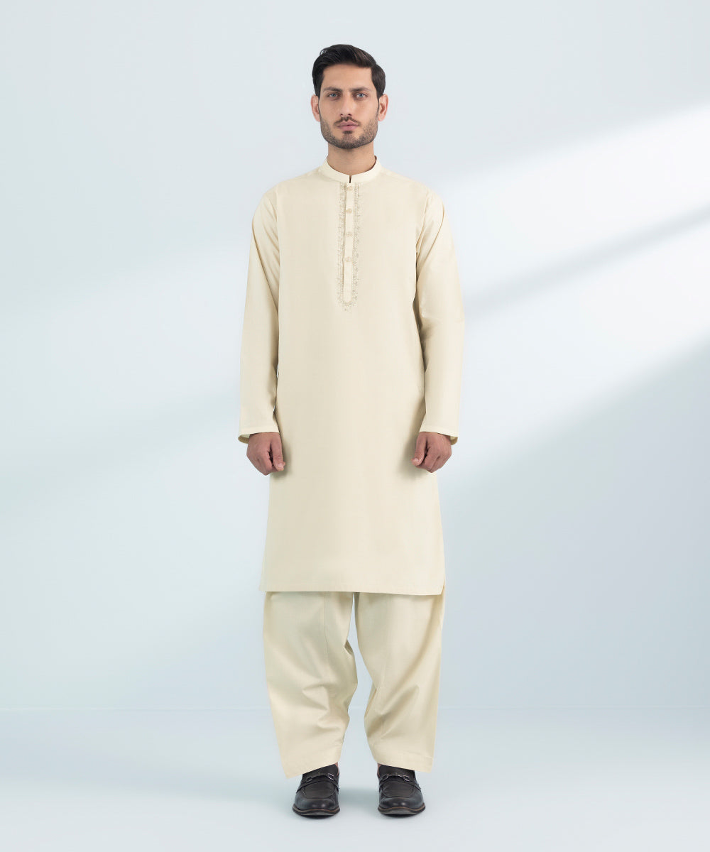 Men's Stitched Beige Cotton 2 PC Suit 