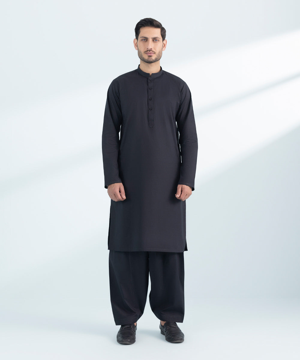 Men's Stitched Black Cotton 2 PC Suit 