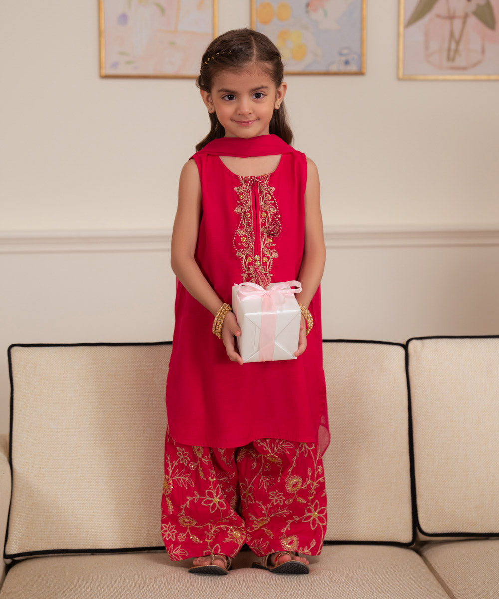 3 Piece - Embroidered Raw Silk Suit