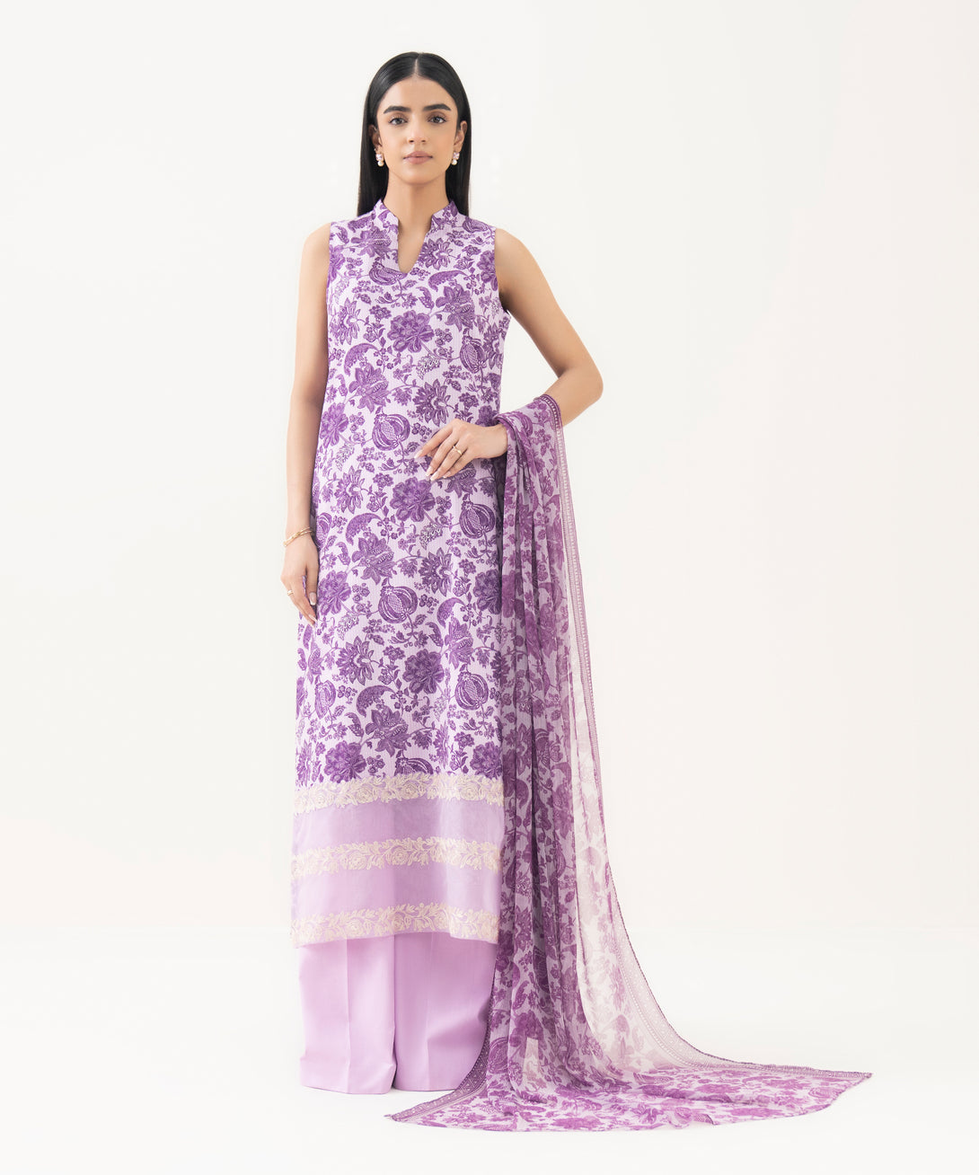 Women's Unstitched Lawn Embroidered Purple 3 Piece Suit