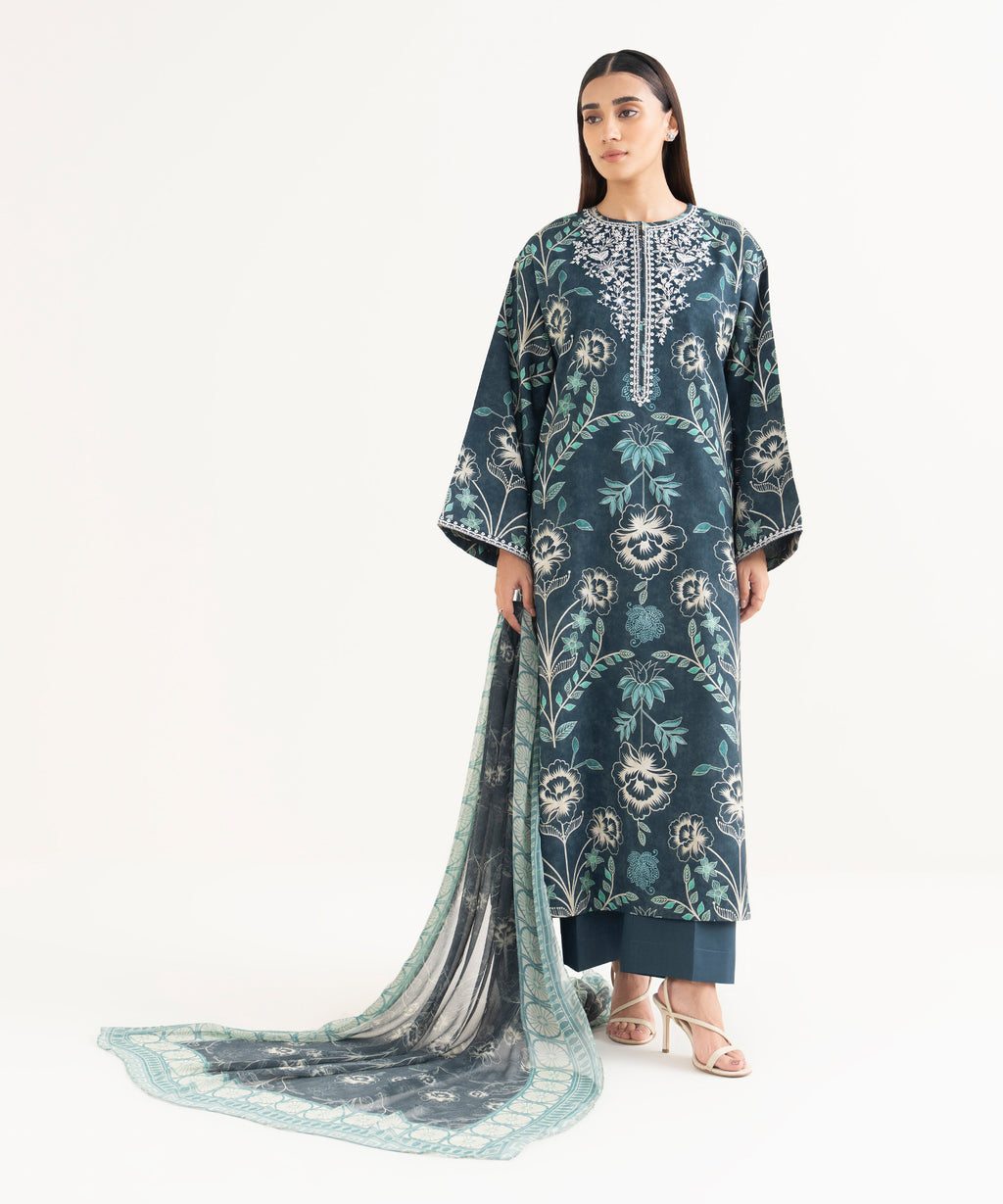 Women's Unstitched Lawn Embroidered Blue 3 Piece Suit