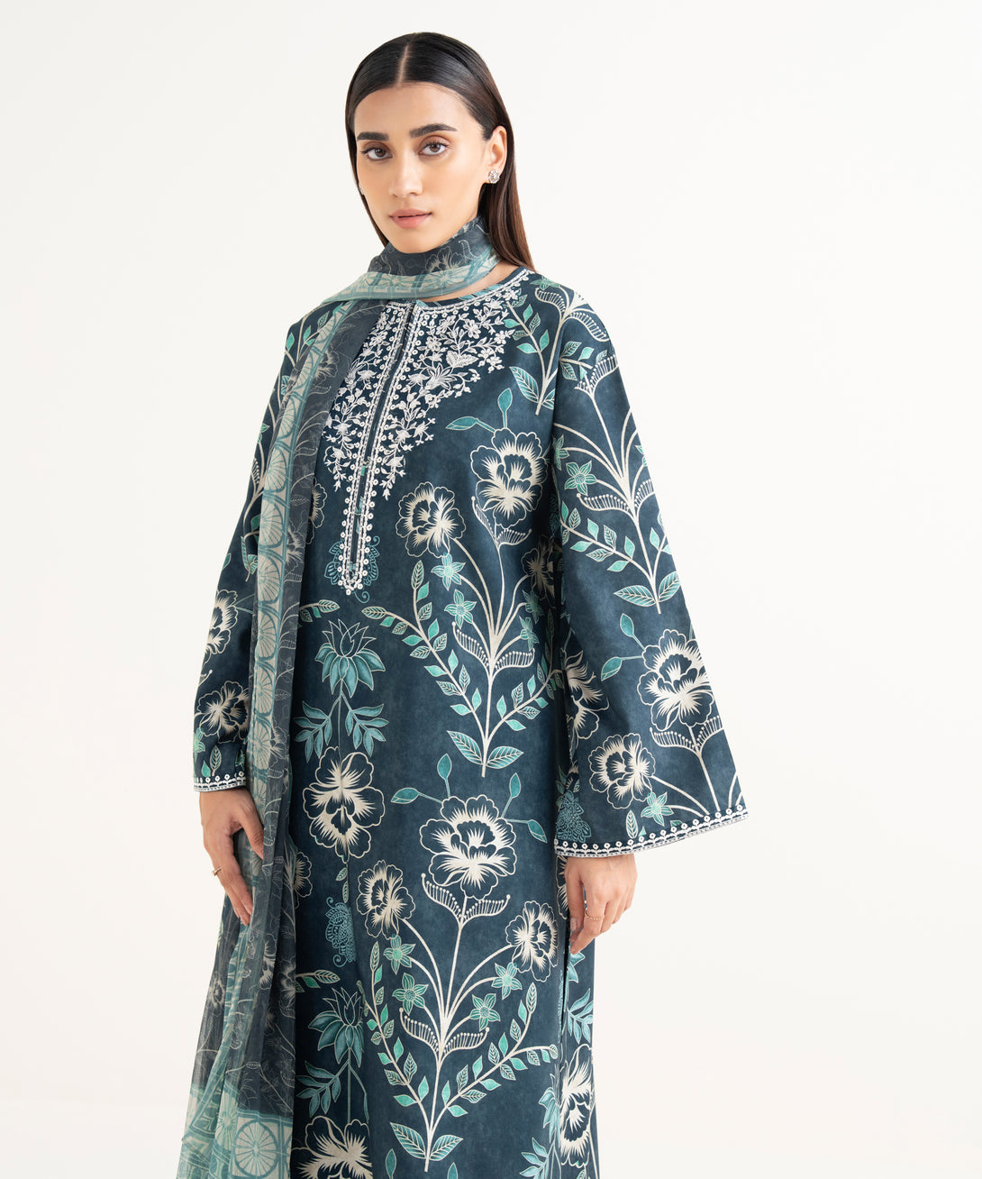 Women's Unstitched Lawn Embroidered Blue 3 Piece Suit