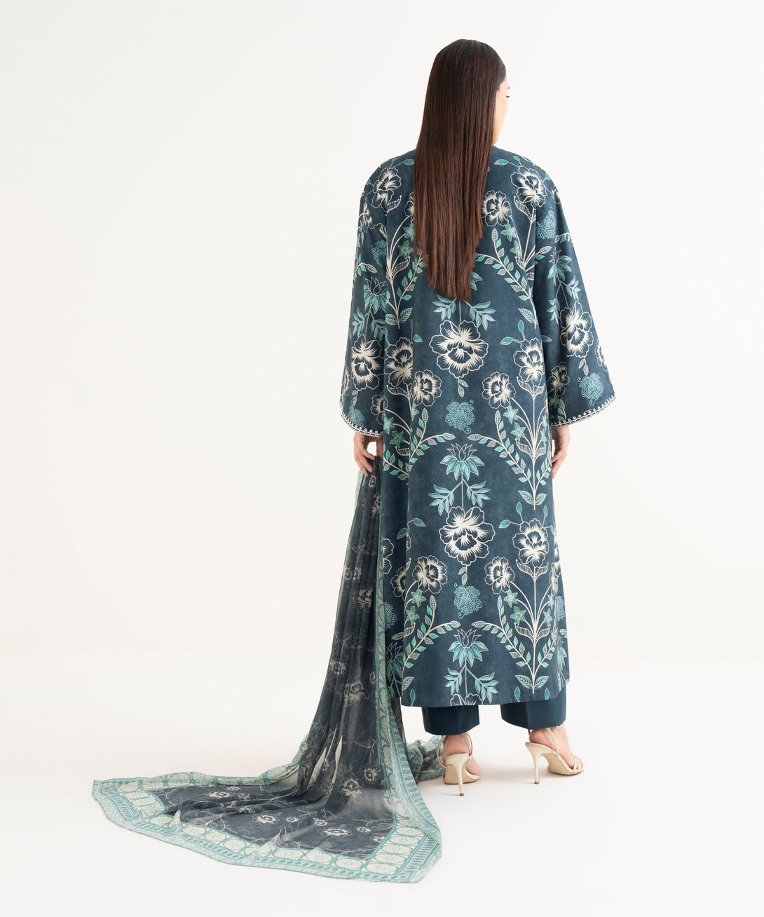 Women's Unstitched Lawn Embroidered Blue 3 Piece Suit