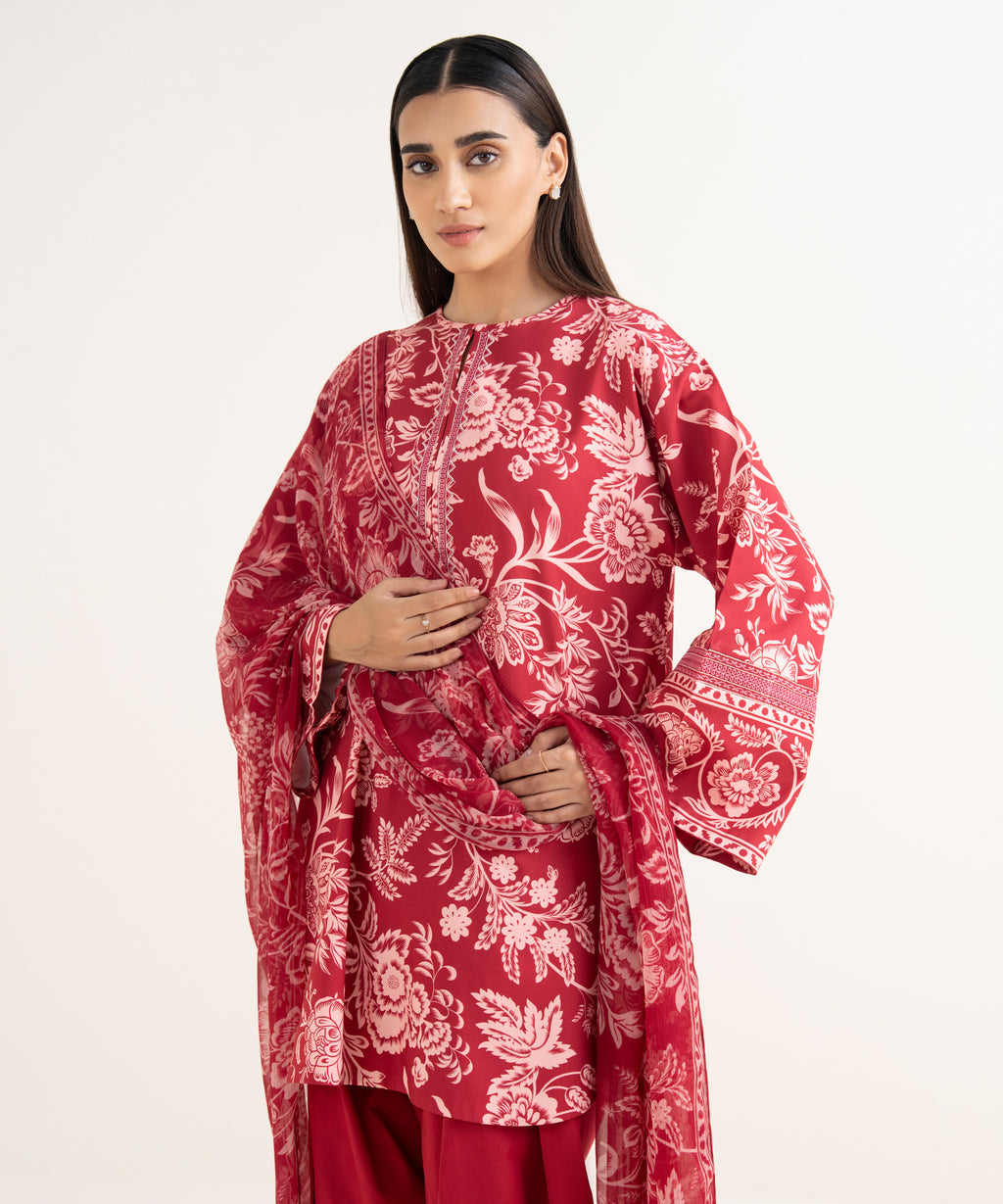 Women's Unstitched Lawn Embroidered Red 3 Piece Suit