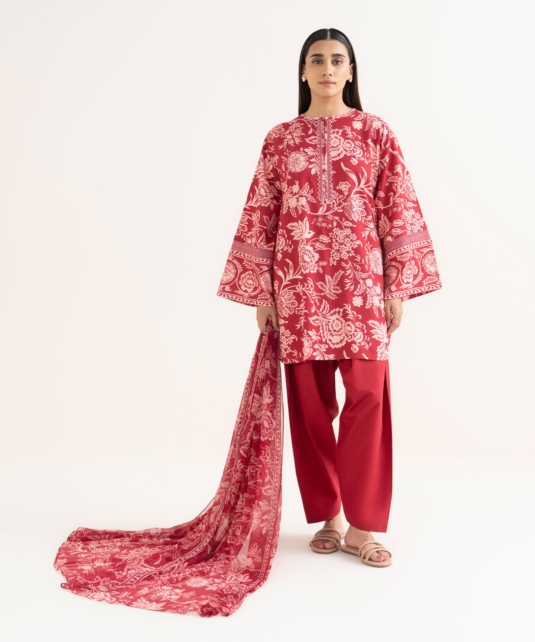 Women's Unstitched Lawn Embroidered Red 3 Piece Suit