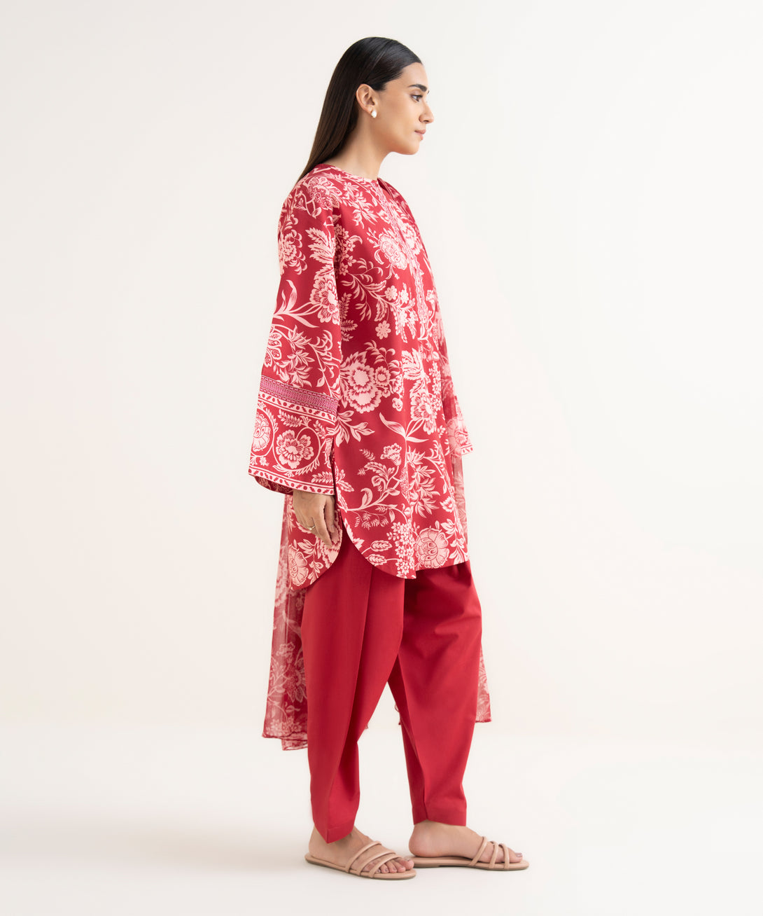 Women's Unstitched Lawn Embroidered Red 3 Piece Suit