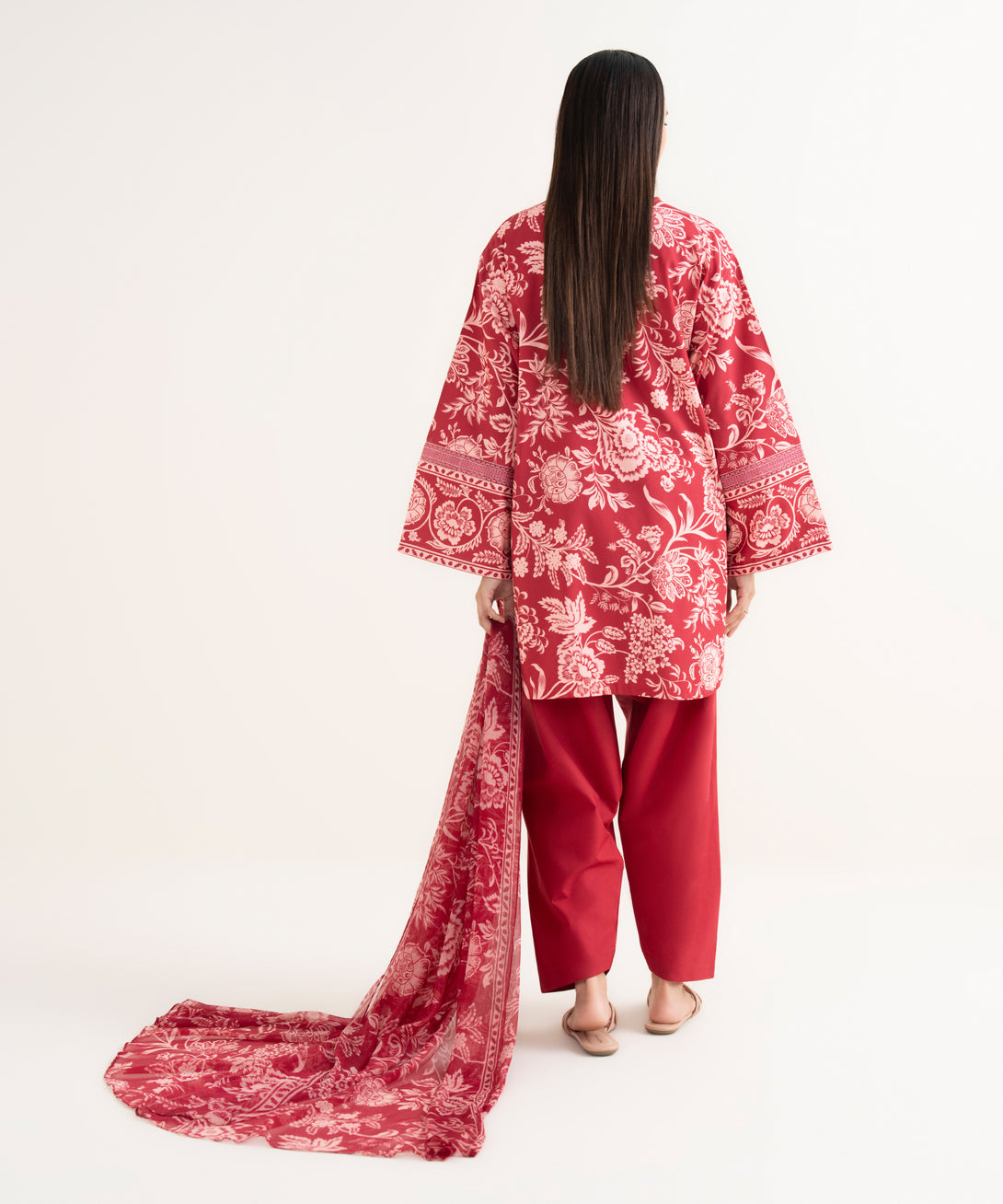 Women's Unstitched Lawn Embroidered Red 3 Piece Suit