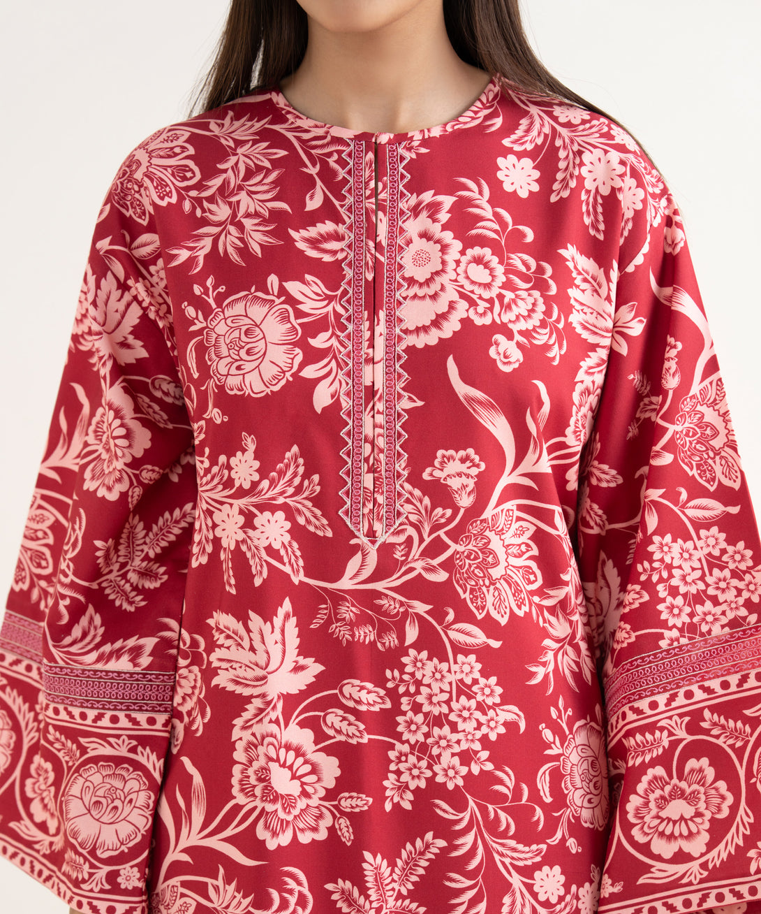 Women's Unstitched Lawn Embroidered Red 3 Piece Suit