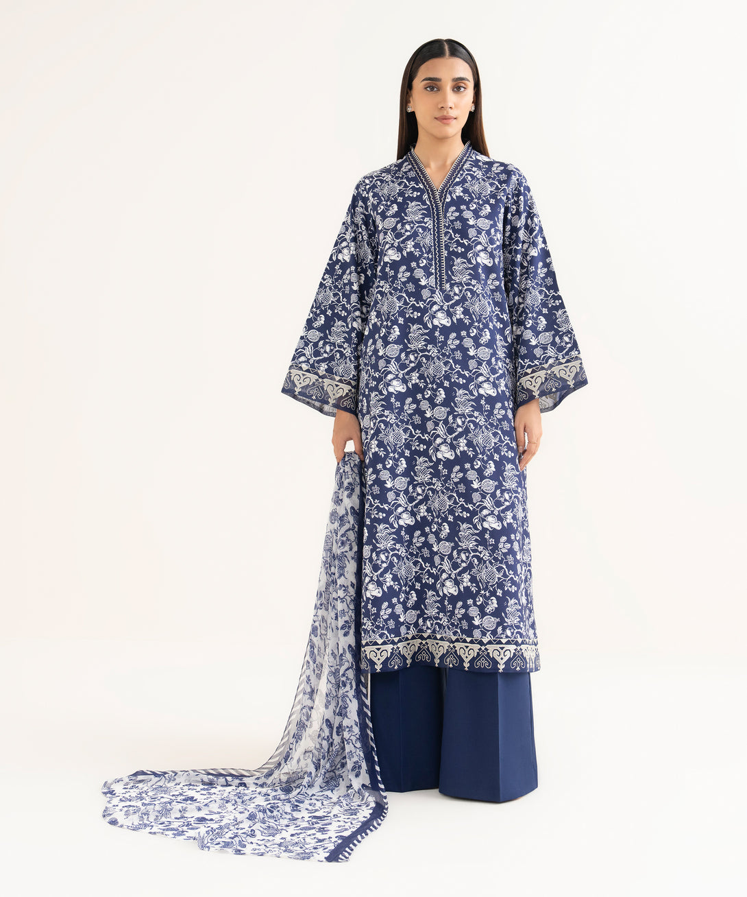 Women's Unstitched Lawn Embroidered Blue 3 Piece Suit