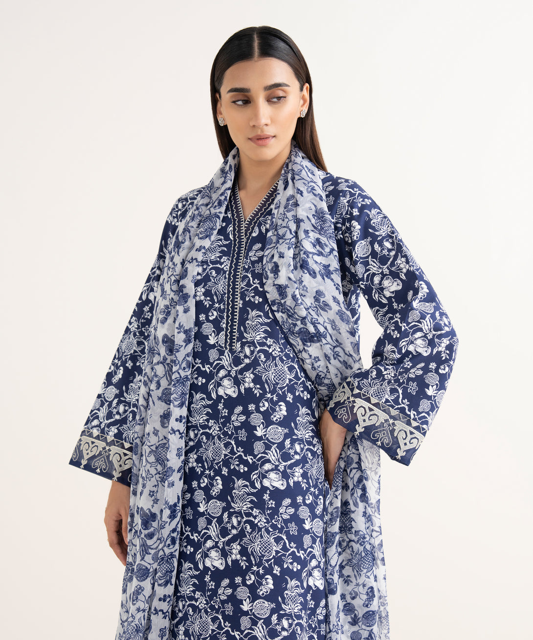 Women's Unstitched Lawn Embroidered Blue 3 Piece Suit