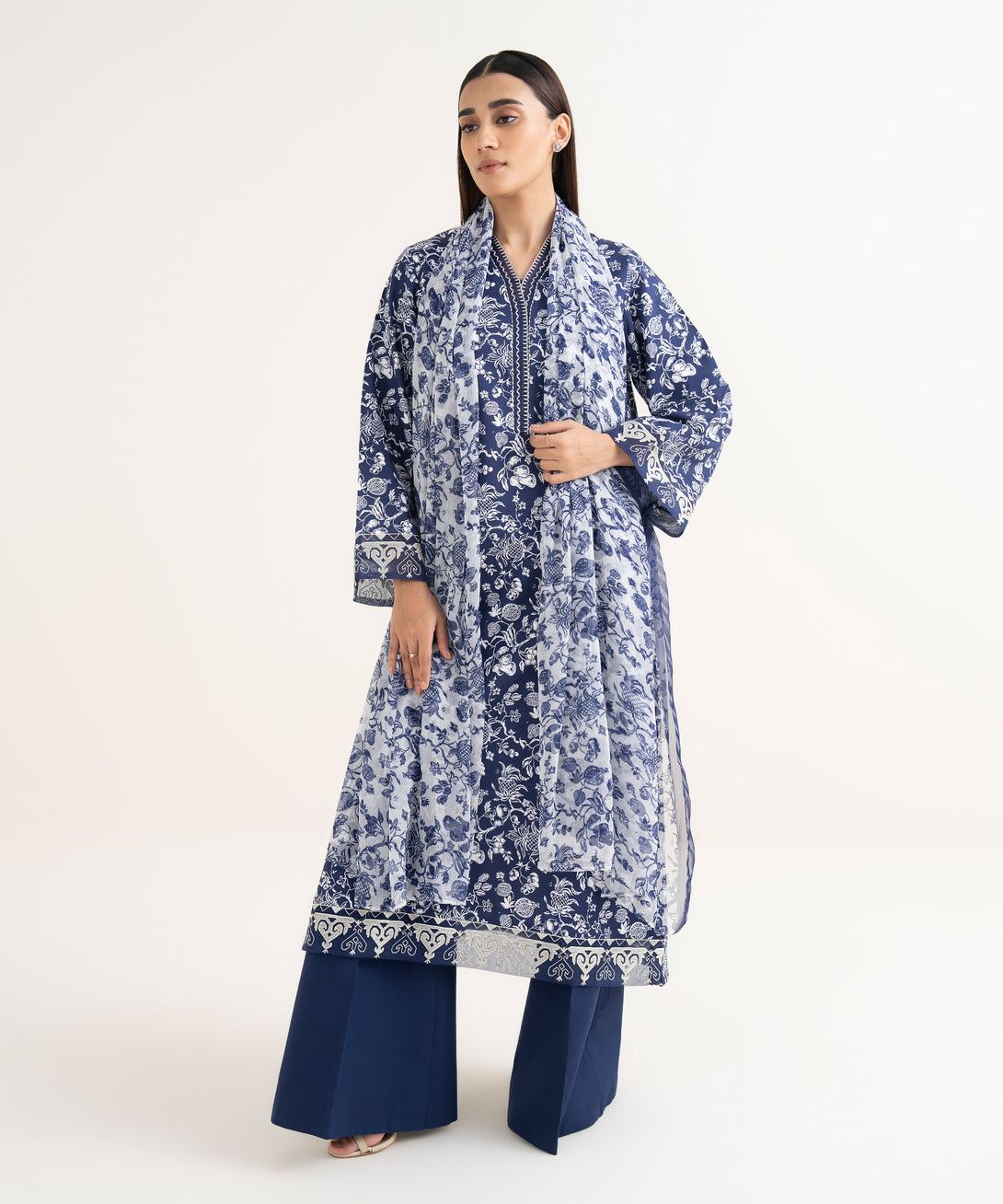 Women's Unstitched Lawn Embroidered Blue 3 Piece Suit