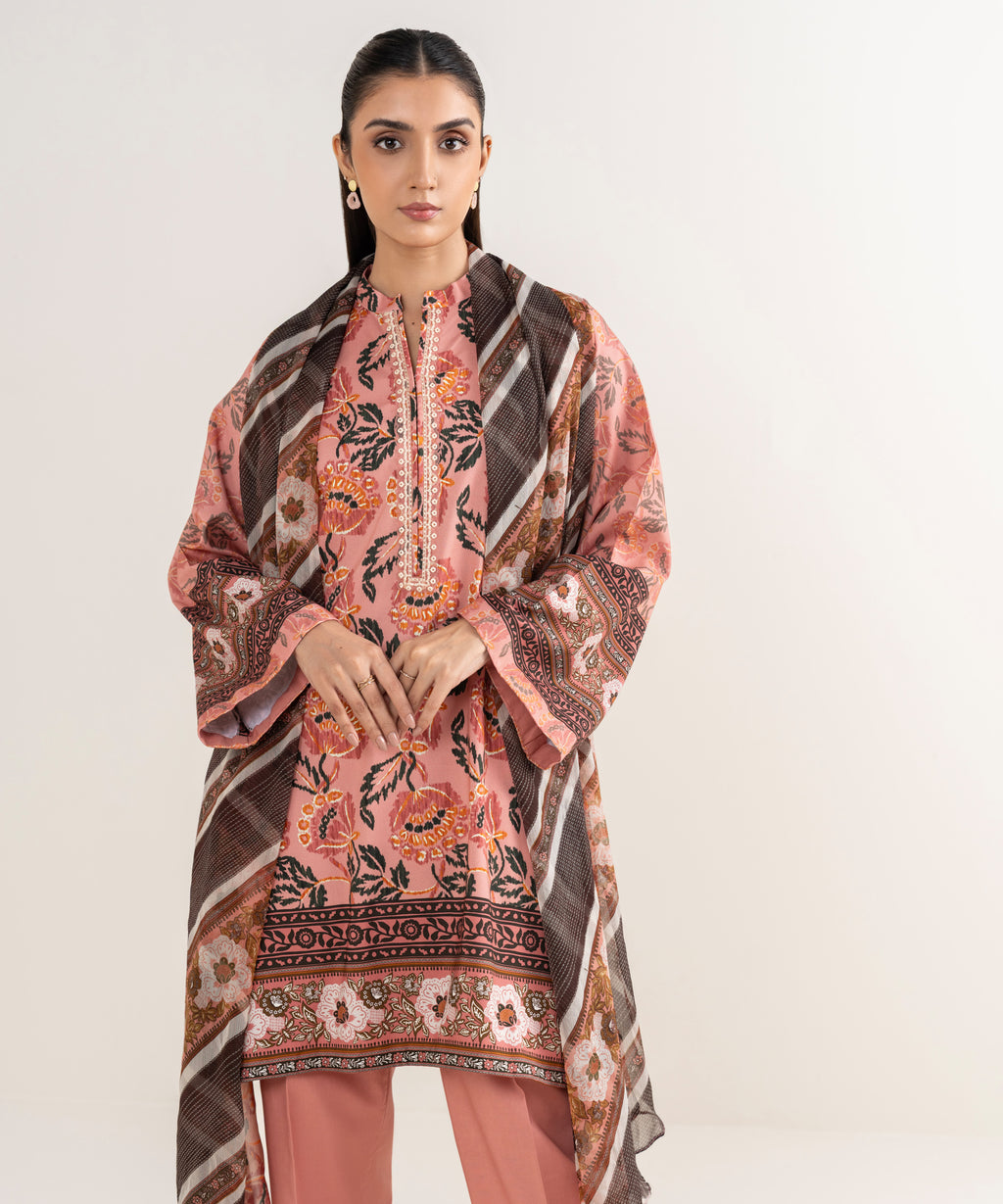 Women's Unstitched Lawn Embroidered Pink 3 Piece Suit