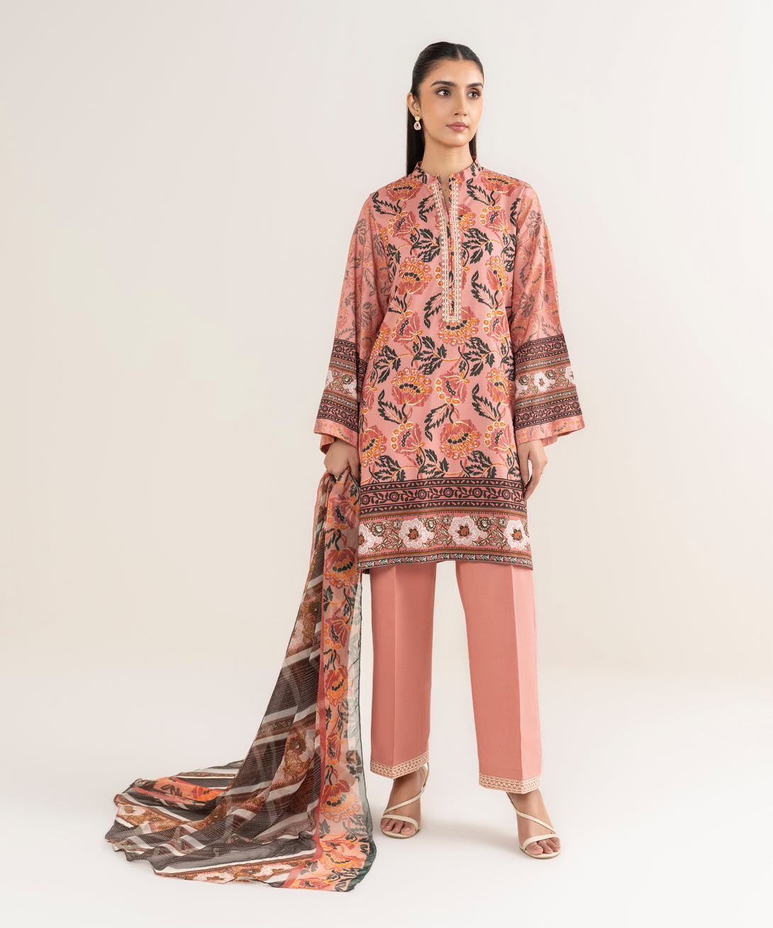 Women's Unstitched Lawn Embroidered Pink 3 Piece Suit