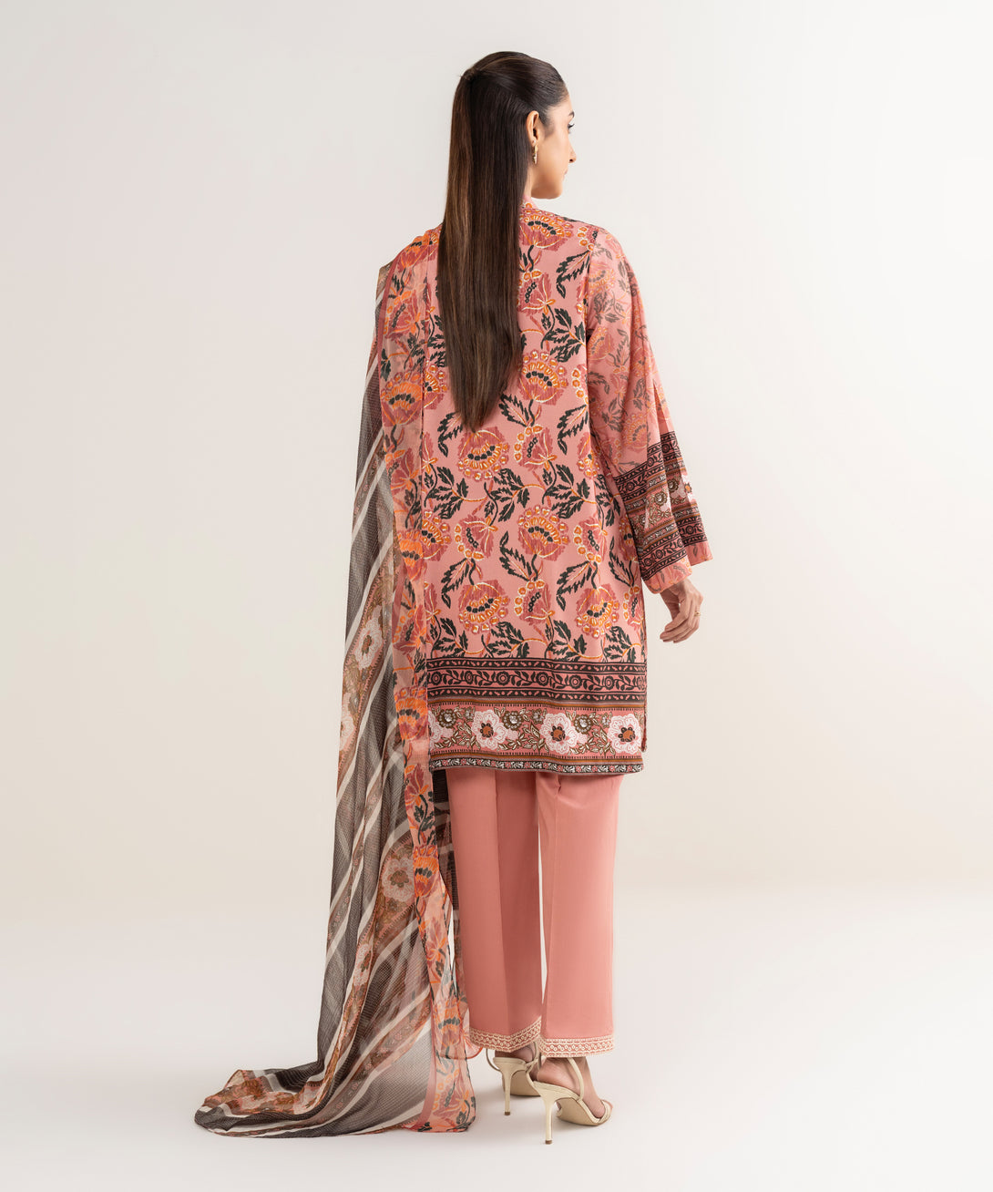 Women's Unstitched Lawn Embroidered Pink 3 Piece Suit