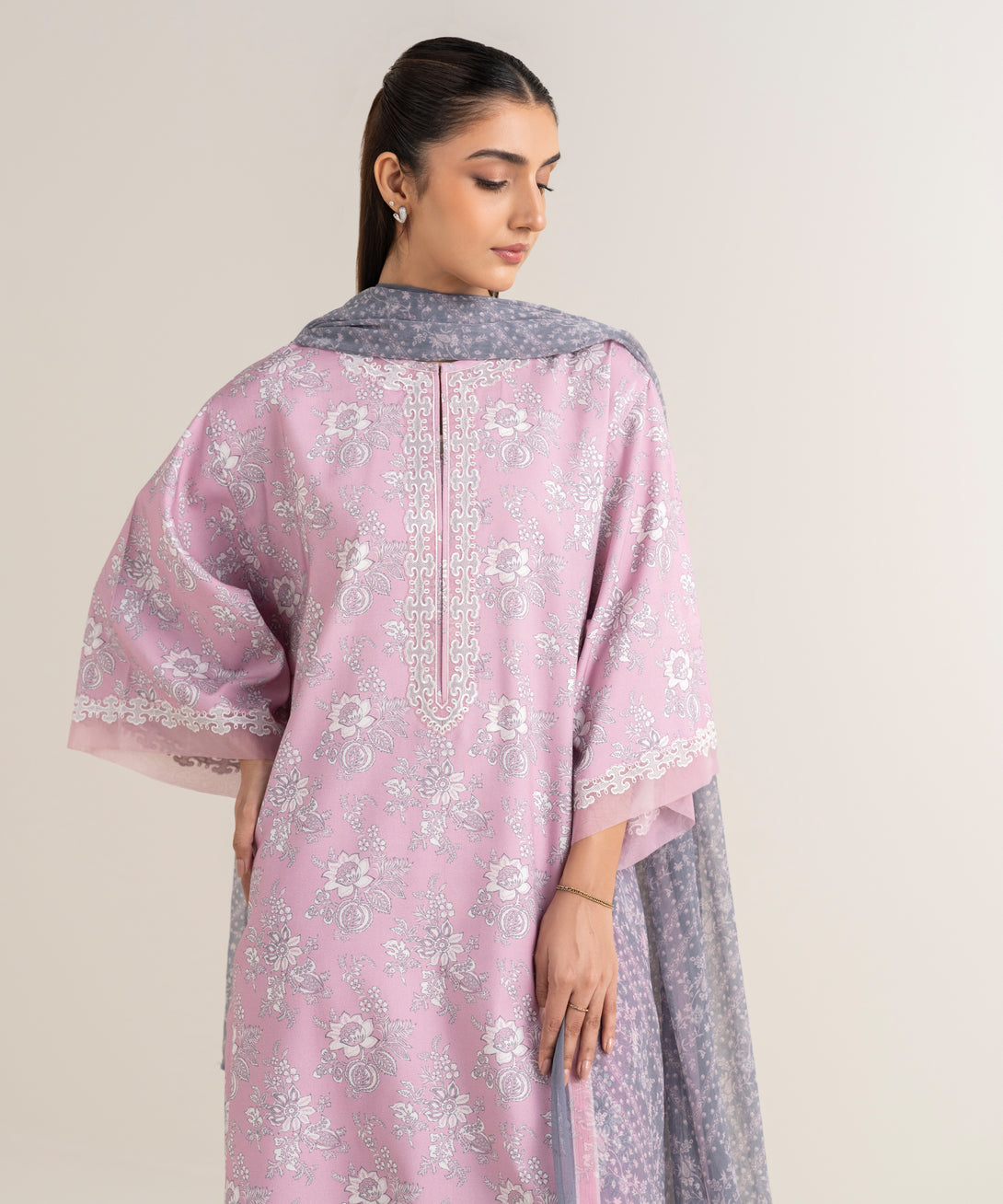 Women's Unstitched Lawn Embroidered Pink 3 Piece Suit