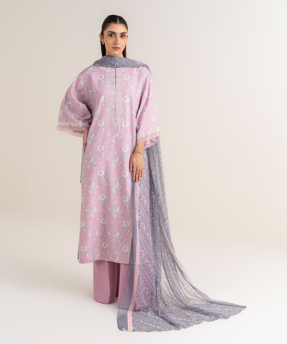 Women's Unstitched Lawn Embroidered Pink 3 Piece Suit