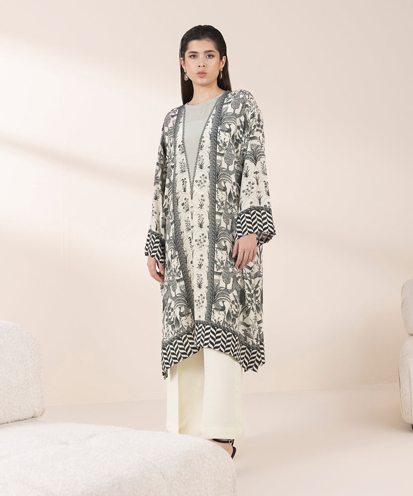 Women's Pret Off White 2 Piece Printed Raw Silk Suit