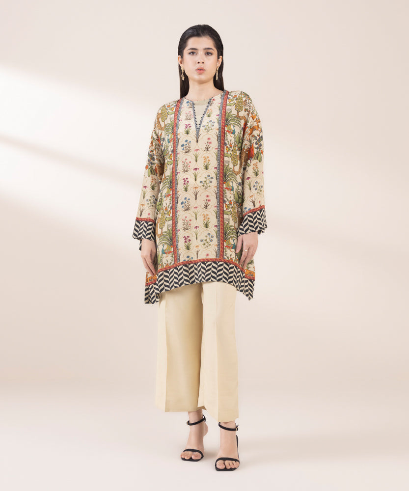 Women's Pret Beige 2 Piece Printed Raw Silk Suit