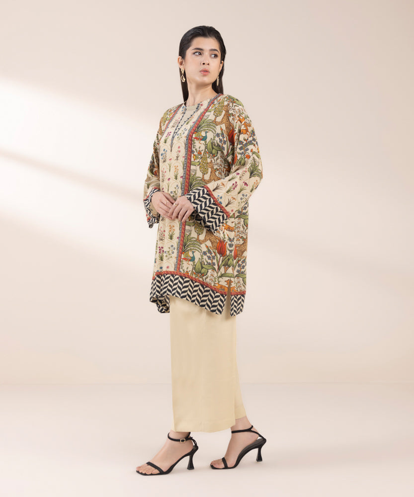 Women's Pret Beige 2 Piece Printed Raw Silk Suit