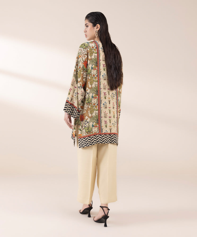 Women's Pret Beige 2 Piece Printed Raw Silk Suit