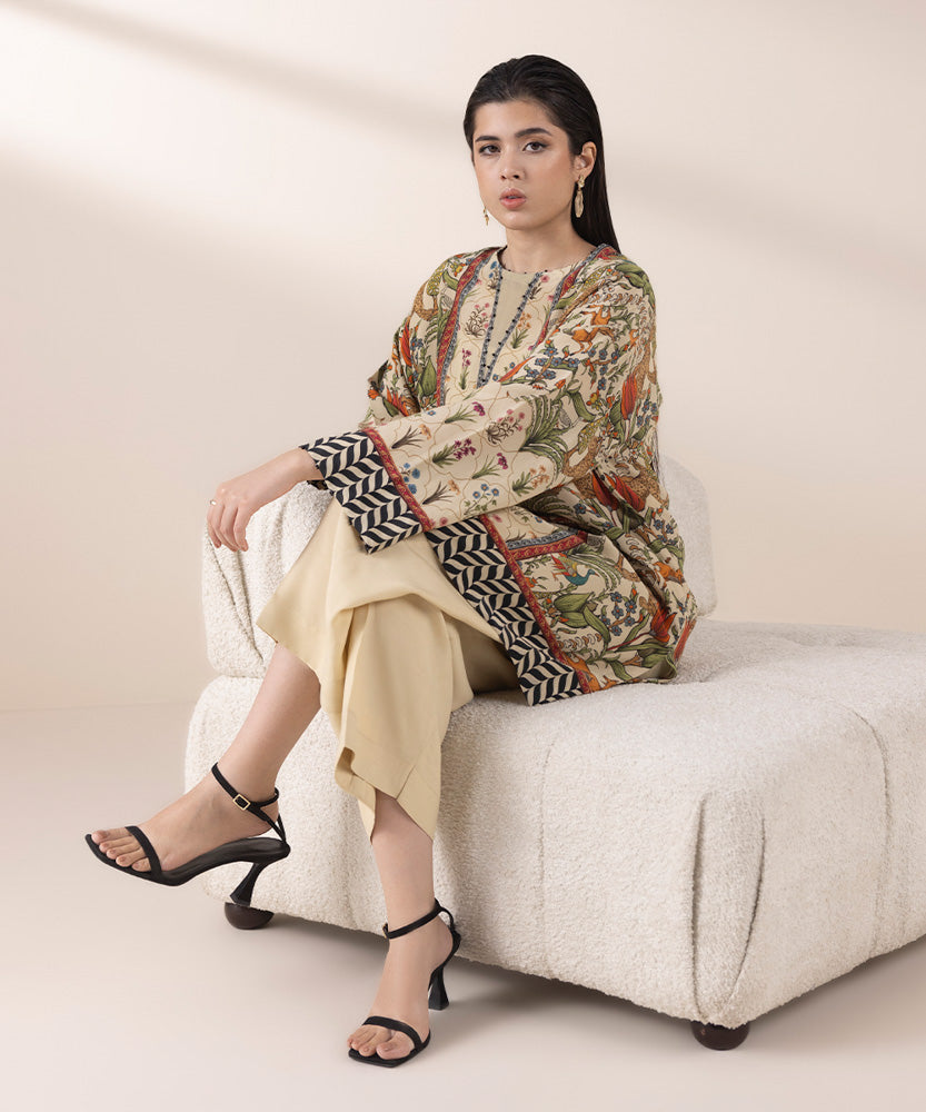 Women's Pret Beige 2 Piece Printed Raw Silk Suit