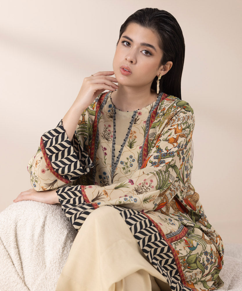 Women's Pret Beige 2 Piece Printed Raw Silk Suit