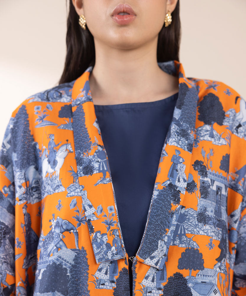 Women's Pret Bright Orange & Navy Blue 2 Piece Printed Cotton Satin Suit