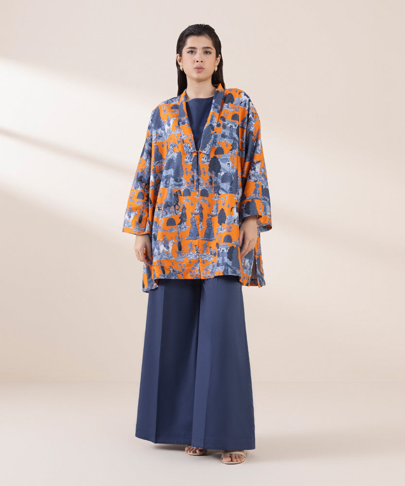 Women's Pret Bright Orange & Navy Blue 2 Piece Printed Cotton Satin Suit