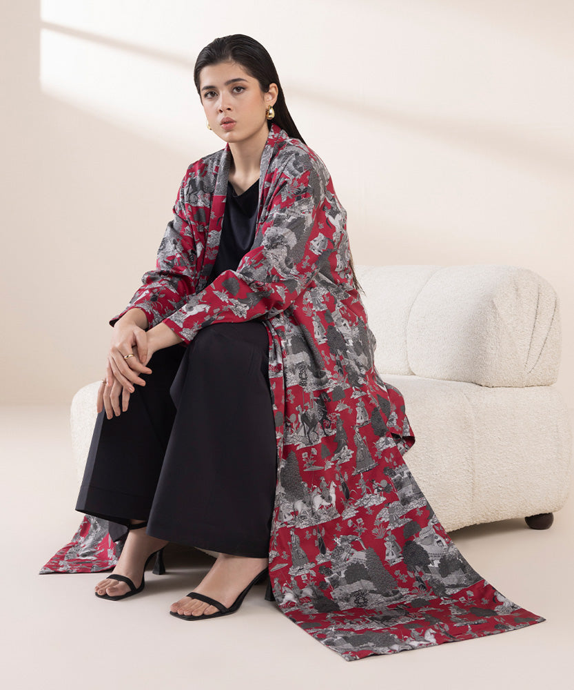 Women's Pret Red & Black 2 Piece Printed Cotton Satin Suit