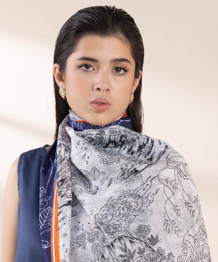 Women's Pret Light Grey Printed Silk Dupatta