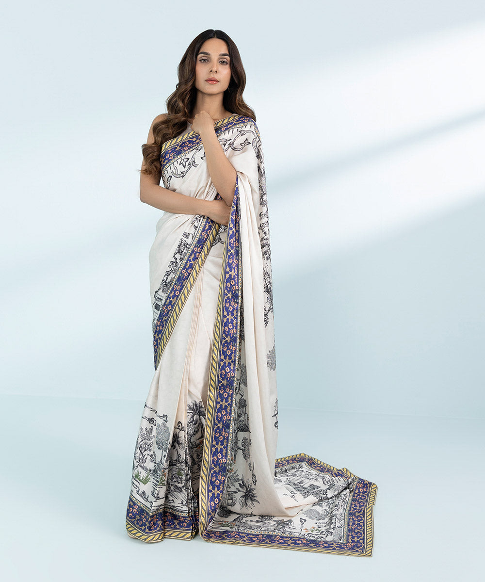  Women's Embroidered Blended Satin Off White Saree