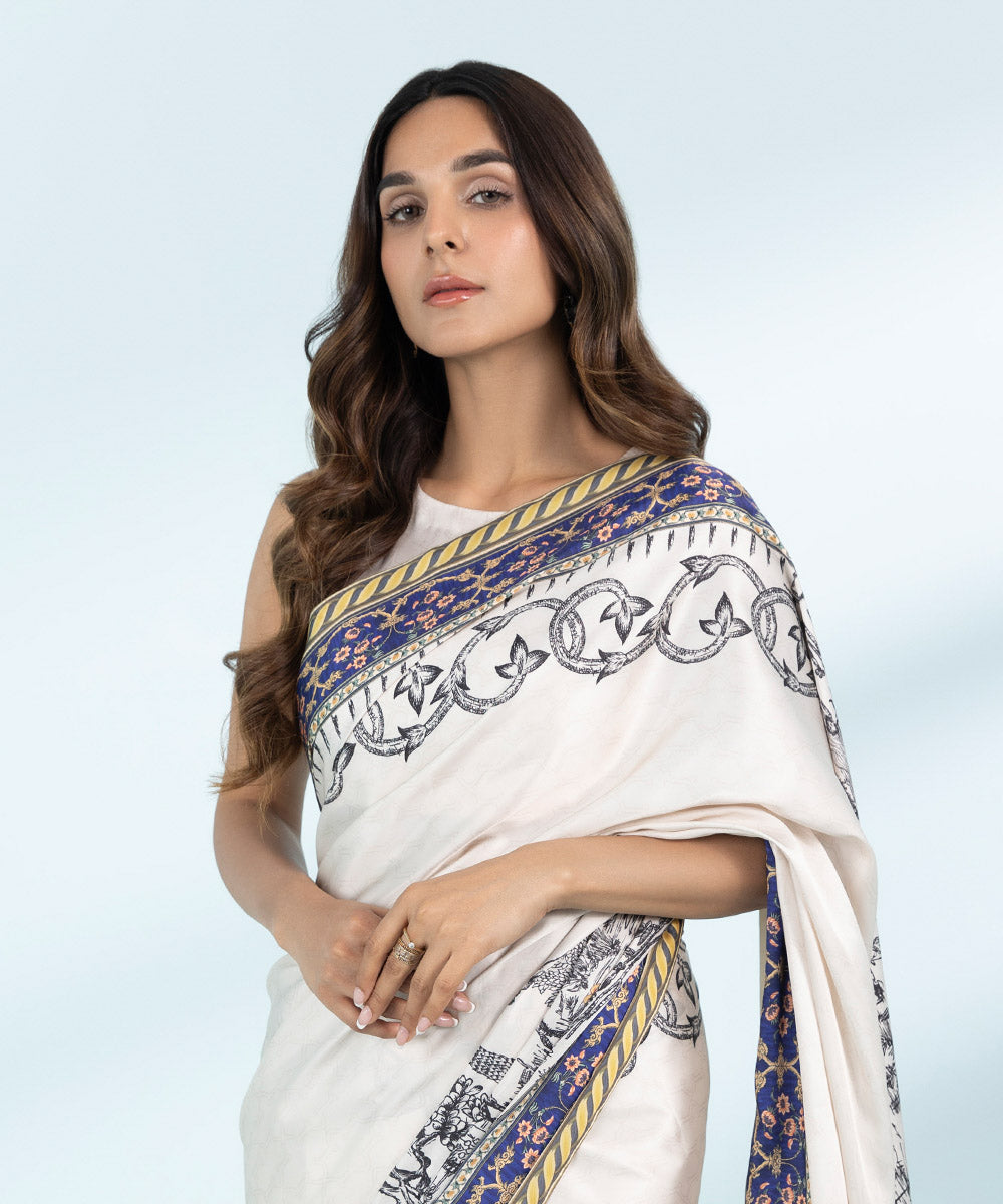  Women's Embroidered Blended Satin Off White Saree