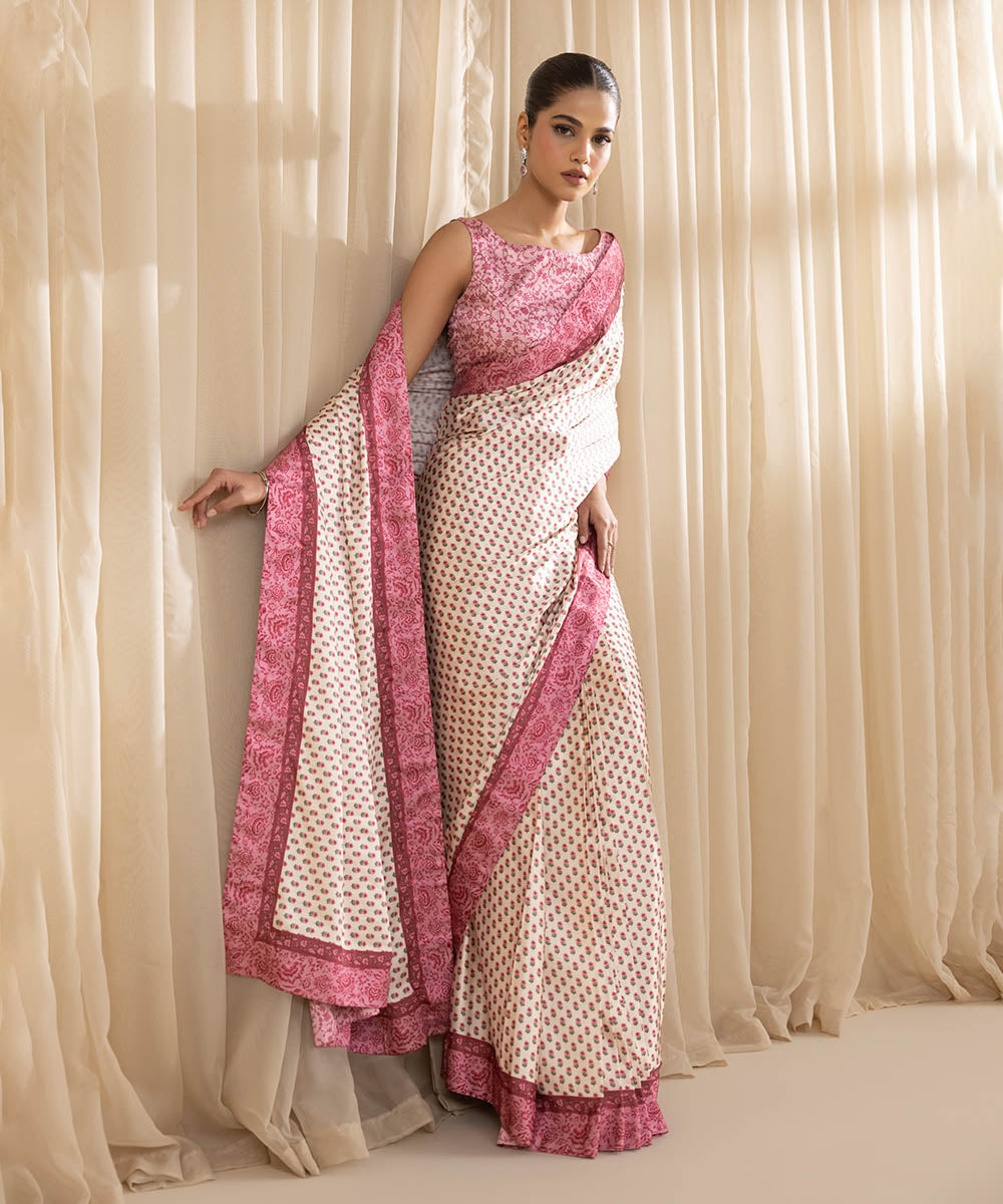  Women's Embroidered Blended Satin Pink Saree