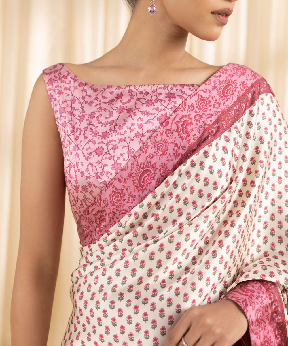  Women's Embroidered Blended Satin Pink Saree