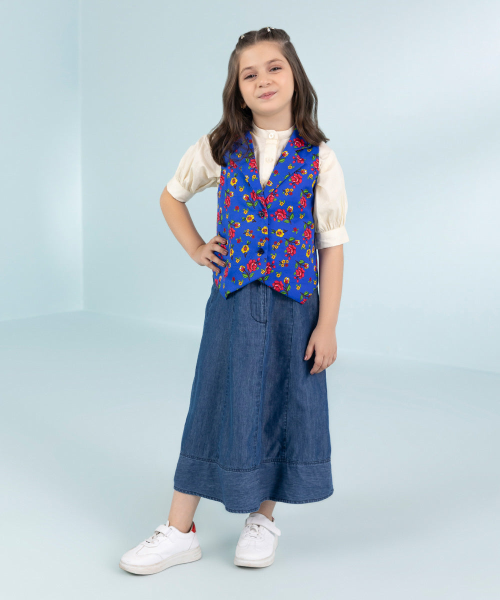 Girls Cotton Satin Waistcoat in Blue