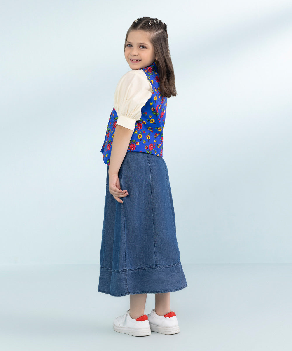 Girls Cotton Satin Waistcoat in Blue