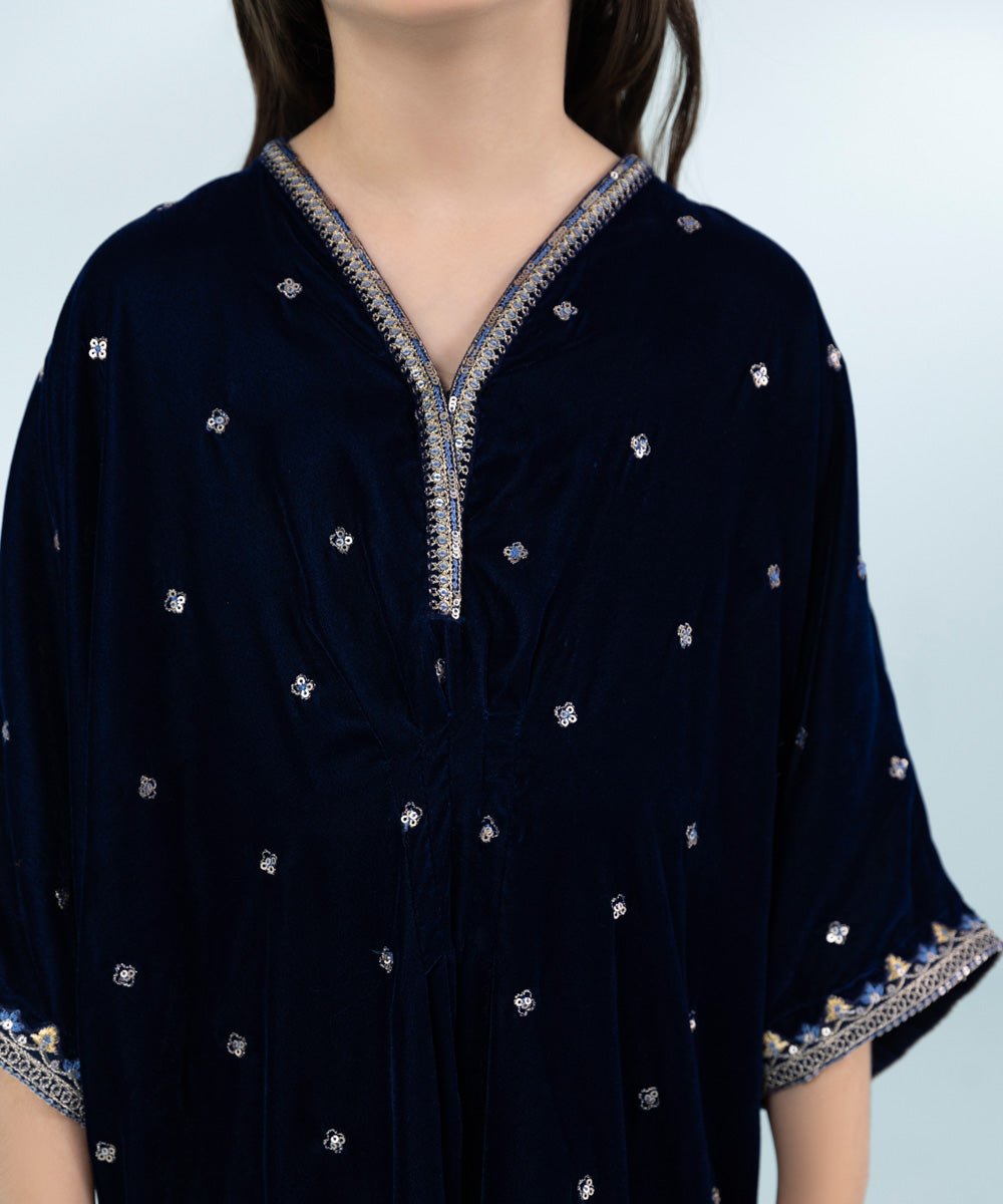 Girls Dyed Embroidered Velvet Kaftan in Blue