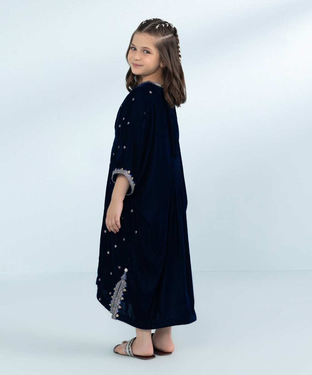 Girls Dyed Embroidered Velvet Kaftan in Blue