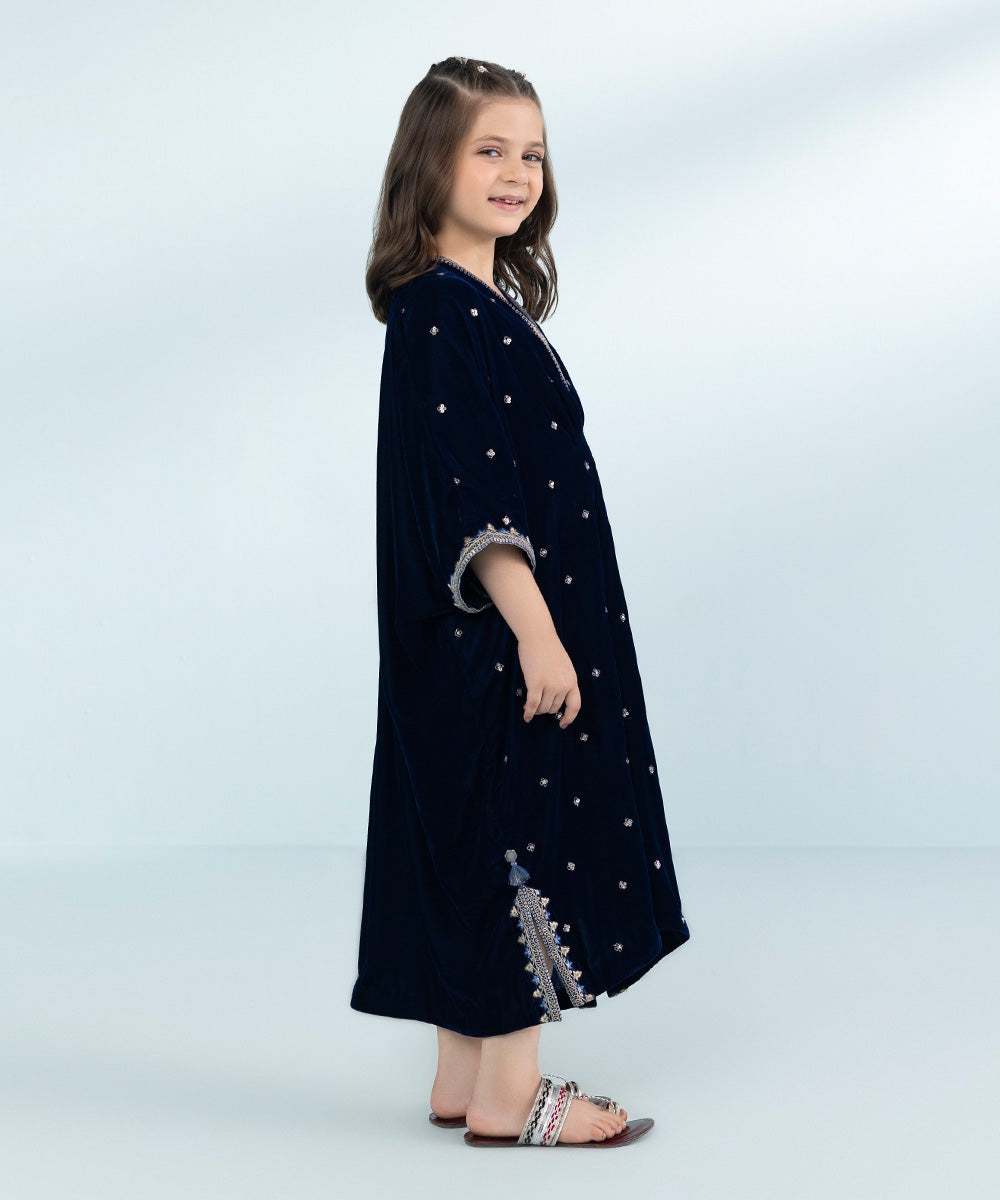 Girls Dyed Embroidered Velvet Kaftan in Blue