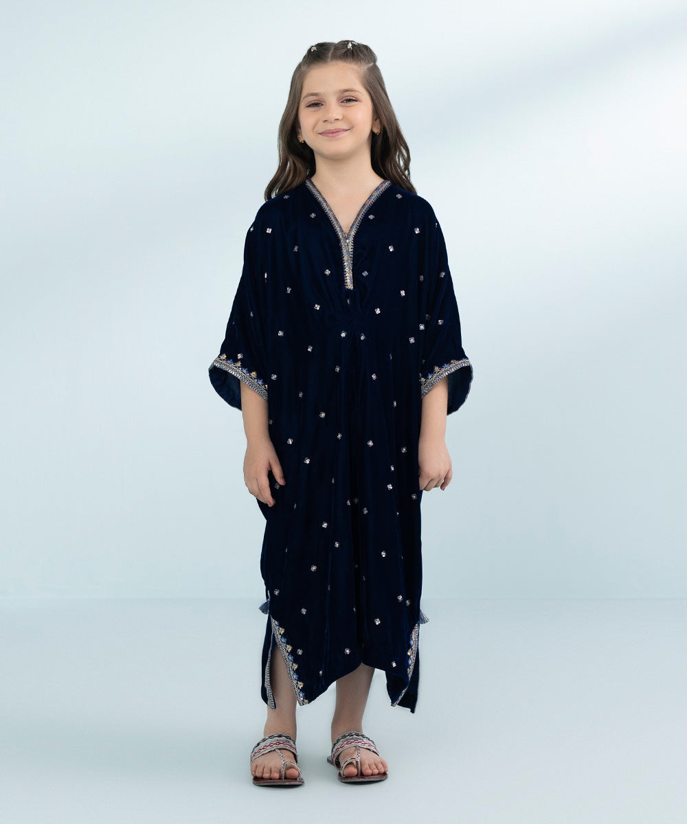 Girls Dyed Embroidered Velvet Kaftan in Blue