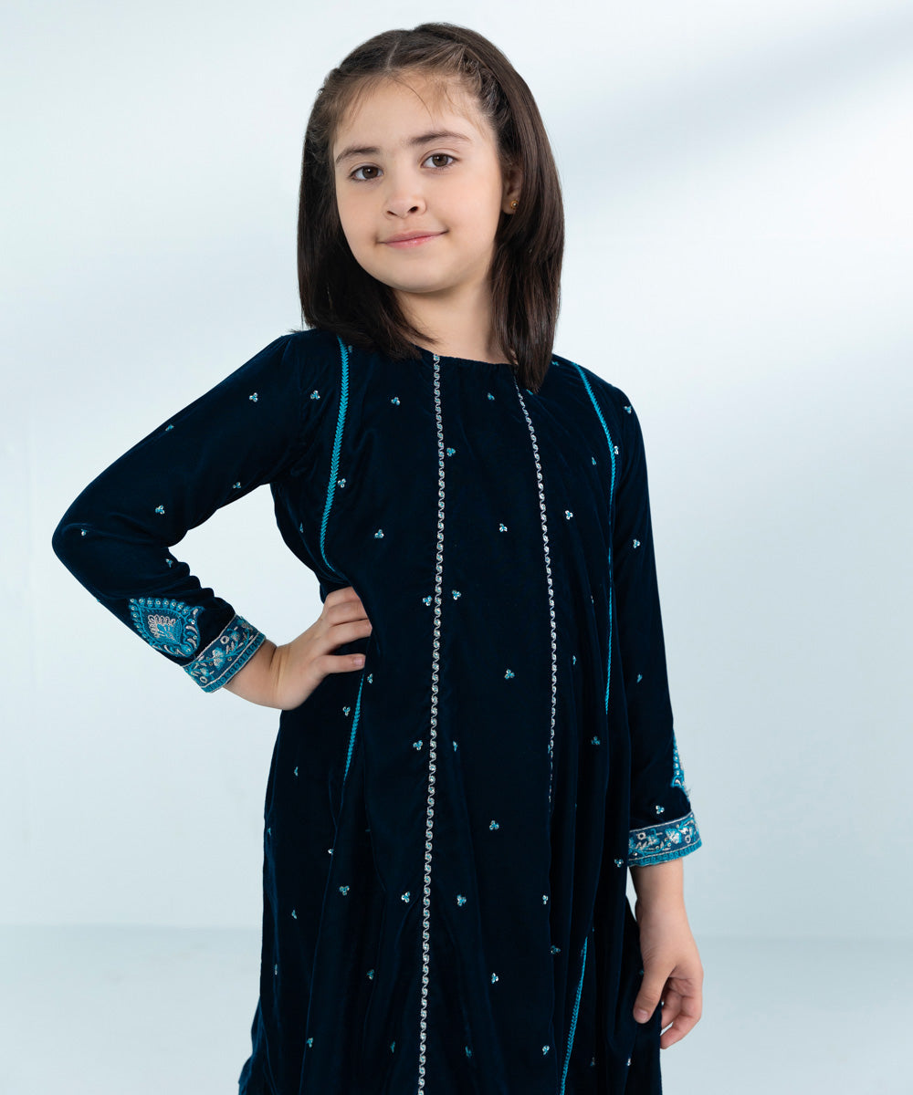 Girls Dyed Embroidered Velvet Dress in Blue