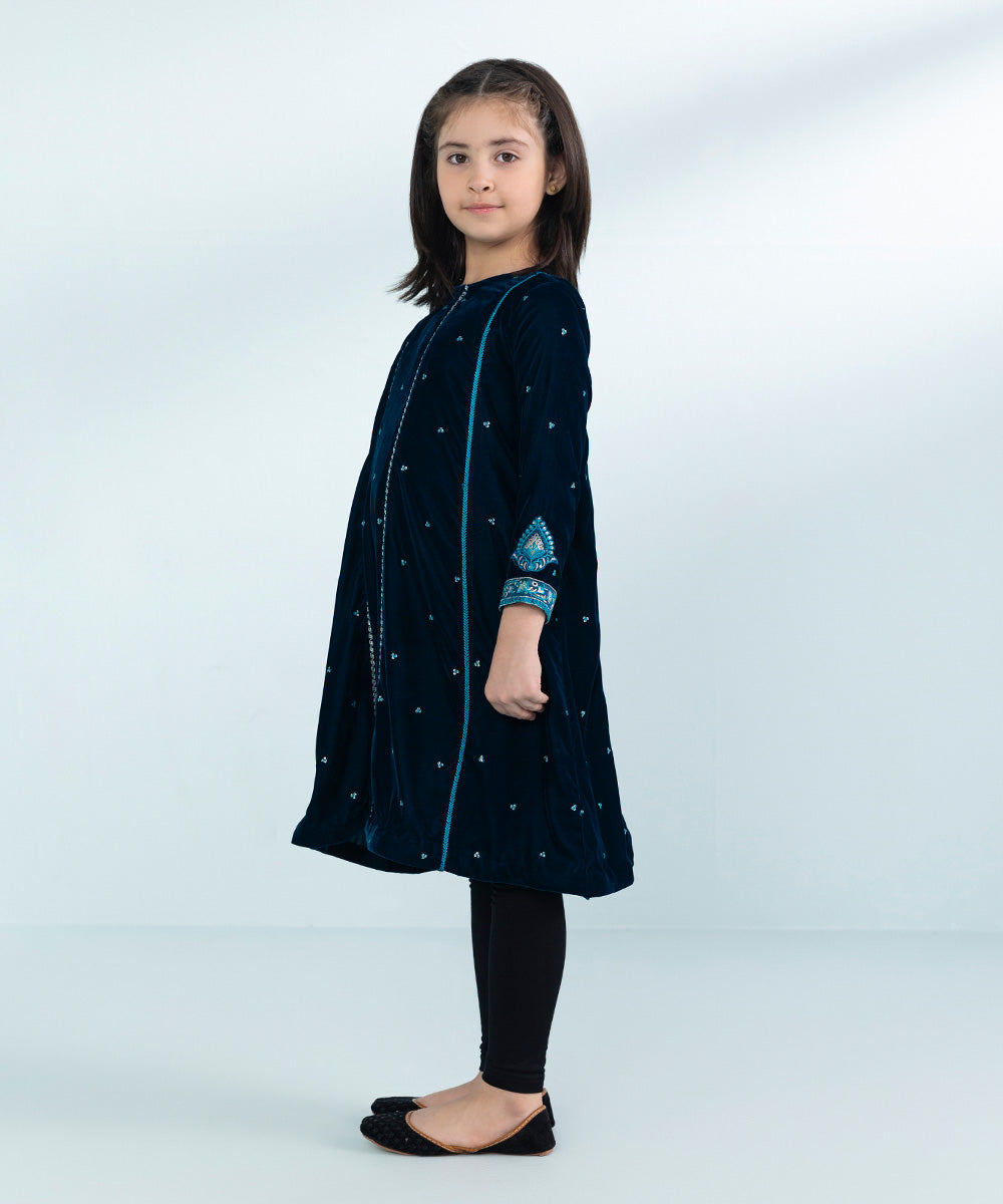 Girls Dyed Embroidered Velvet Dress in Blue