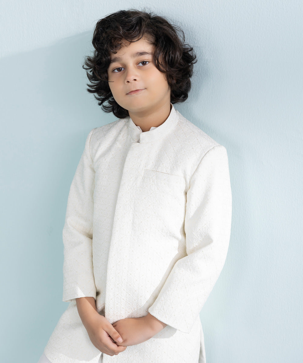 Boys Extra Weft Jacquard Waistcoat in White