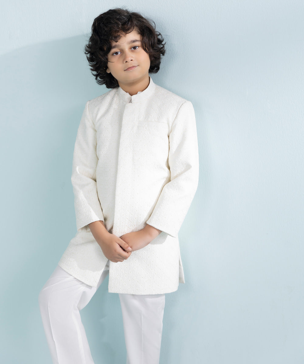 Boys Extra Weft Jacquard Waistcoat in White