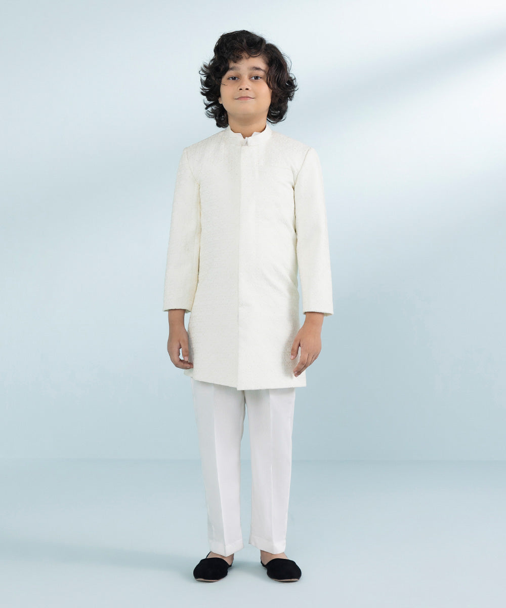 Boys Extra Weft Jacquard Waistcoat in White