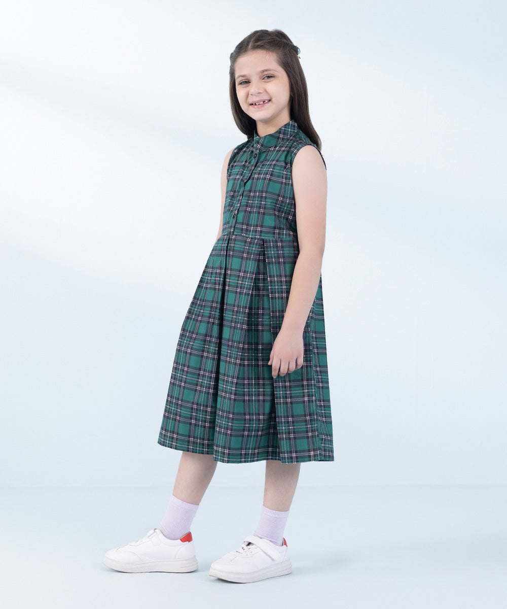 Girl's Green Printed Poplin Dress