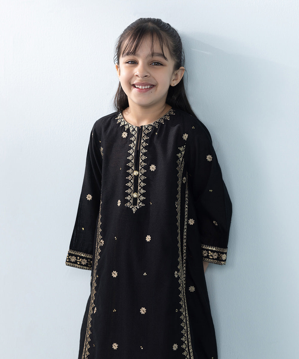 Kids East Girl's Black & Multi 2 Piece Embroidered Silk Cotton Net Suit